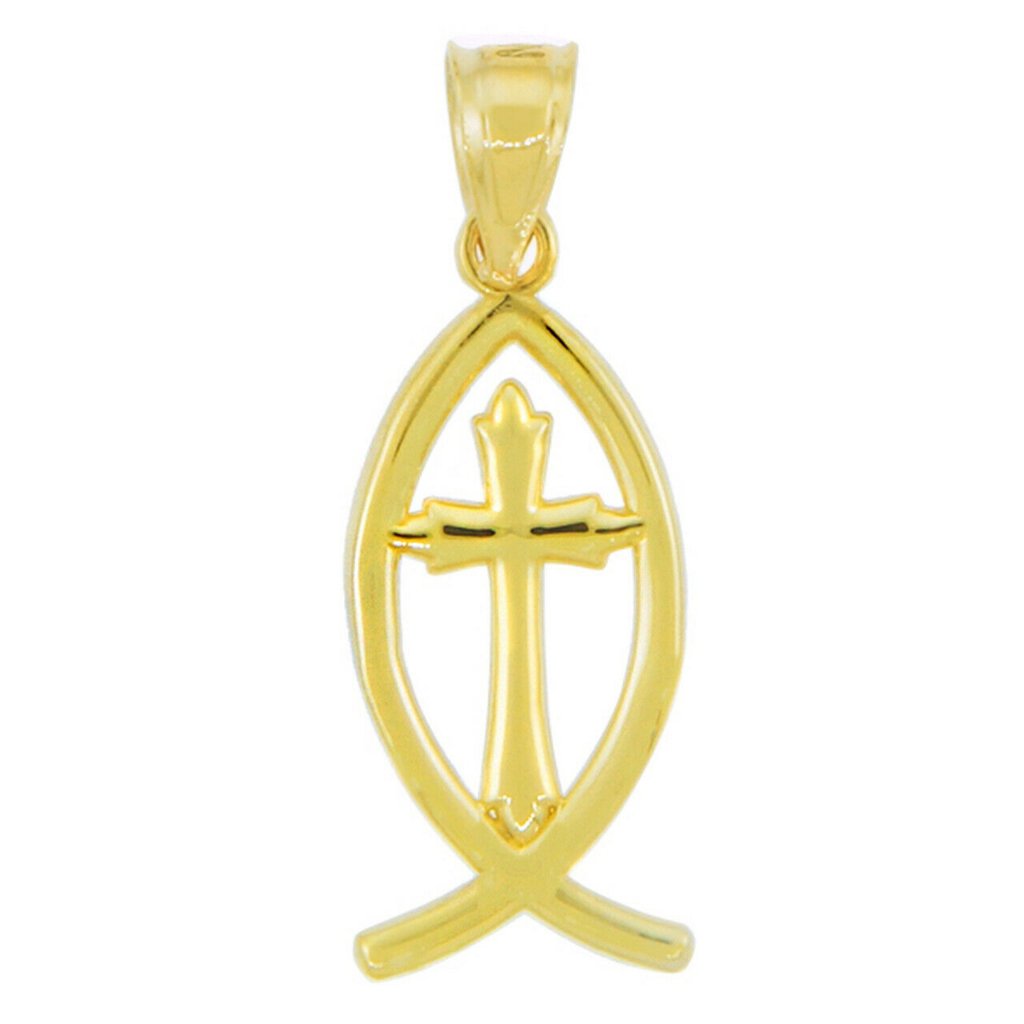 14k Gold Cross Jesus Christ Ichthus Fish Pendant 287$